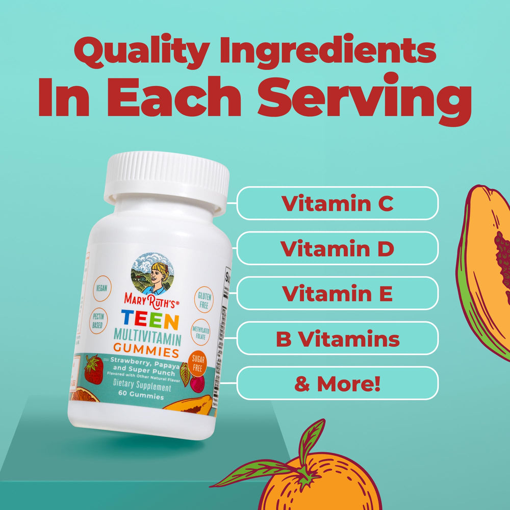 MARYRUTH'S etiqueta nutricional con lista de vitaminas y minerales