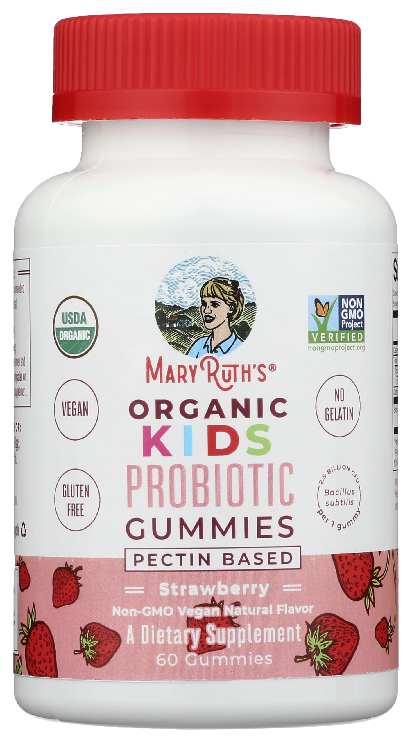 MARYRUTH'S frasco frontal de gominolas probióticas con sabor a fresa, formato práctico
