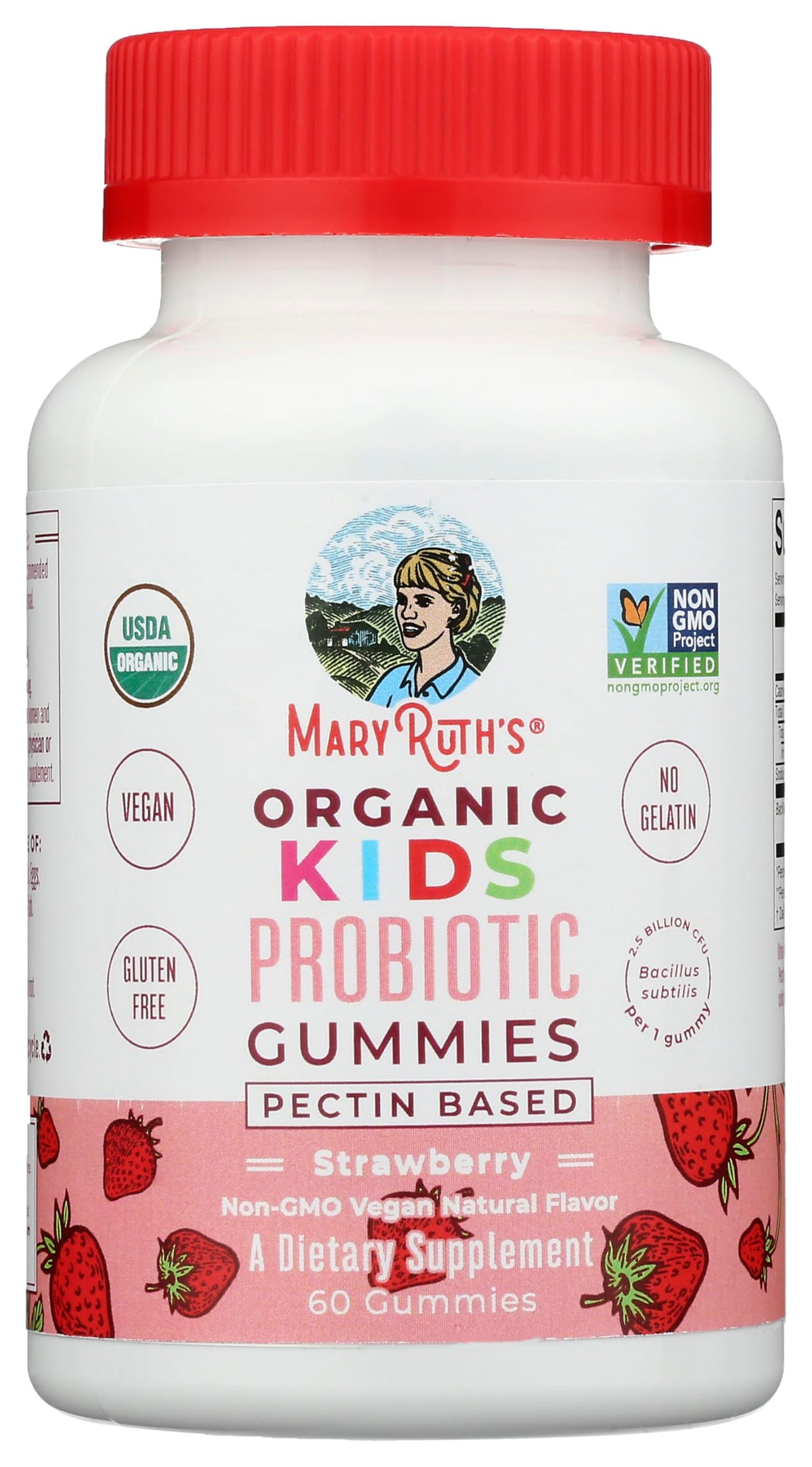 MARYRUTH'S frasco frontal de gominolas probióticas con sabor a fresa, formato práctico