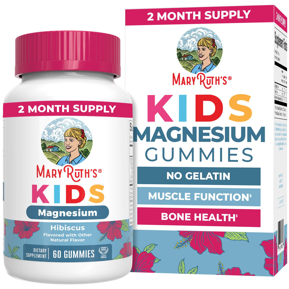 MARYRUTH'S front packaging showing hibiscus-flavored magnesium gummies and benefits