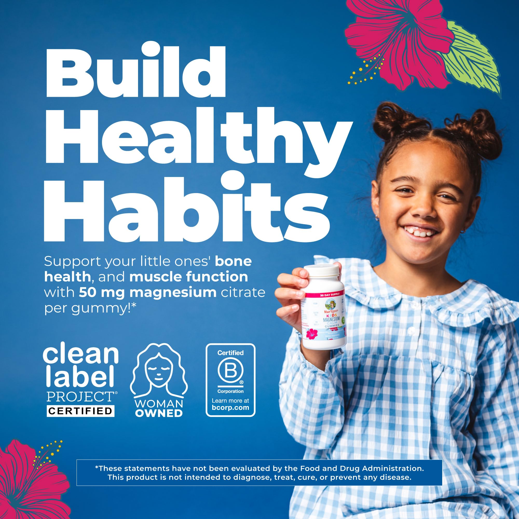 MARYRUTH'S open bottle with 60 gummies visible, easy daily dosing benefit