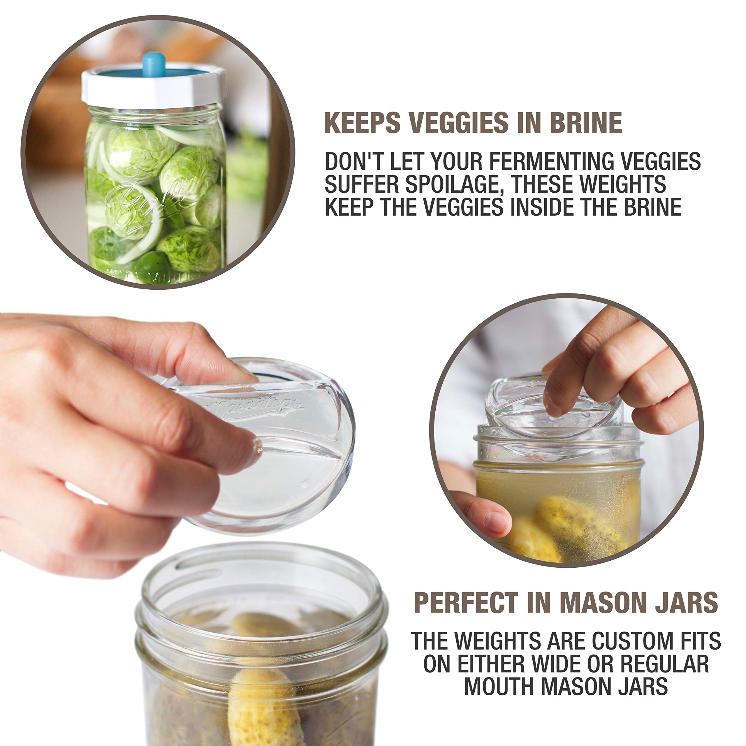 Masontops Pickle Pebble en uso dentro de frasco Mason manteniendo verduras sumergidas