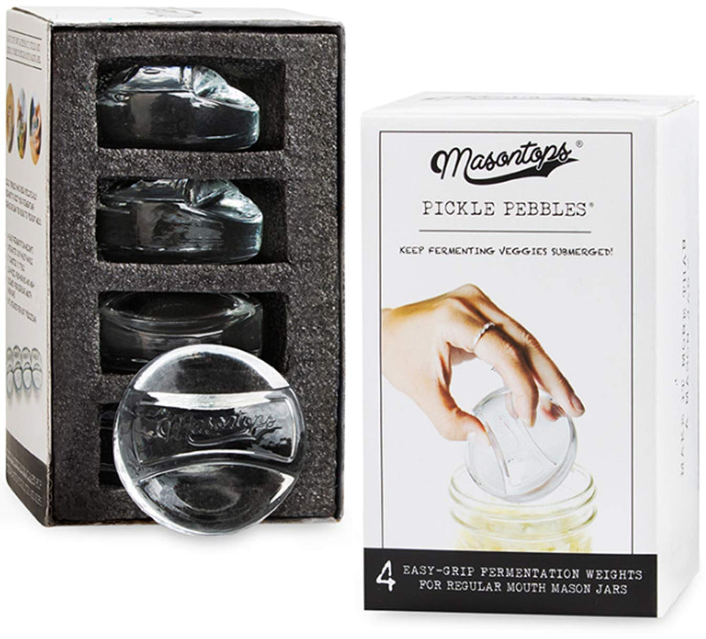 Masontops Pickle Pebble frente claro mostrando diseño y beneficio de sumersión