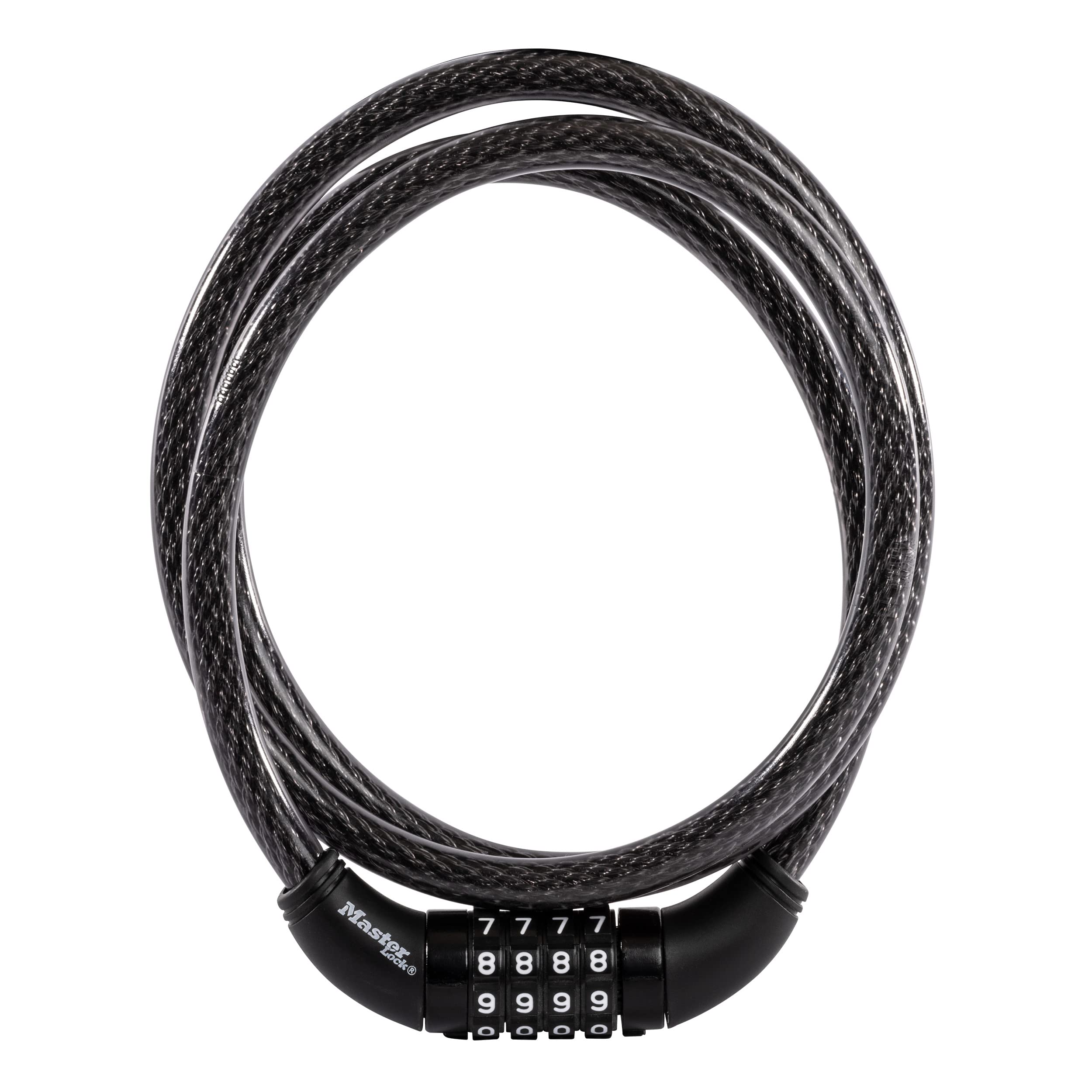 Master Lock candado frontal mostrando cable y cerradura, seguridad práctica