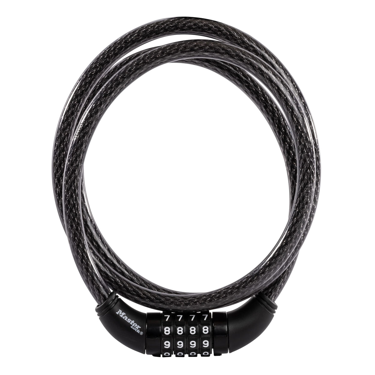 Master Lock candado frontal mostrando cable y cerradura, seguridad práctica