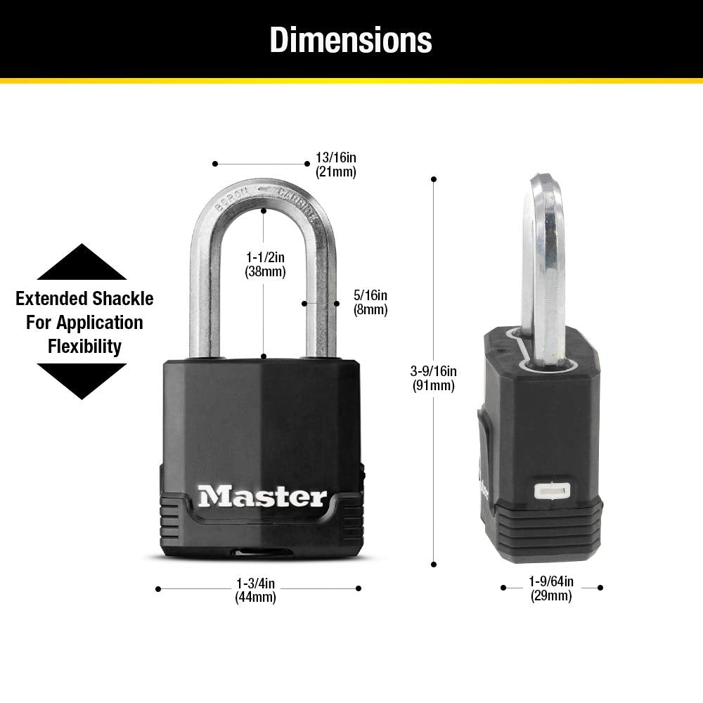 Master Lock candado junto a una regla mostrando tamaño y escala