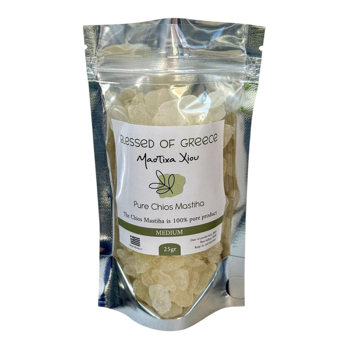 Mastic of Chios frente del paquete mostrando marca y cantidad