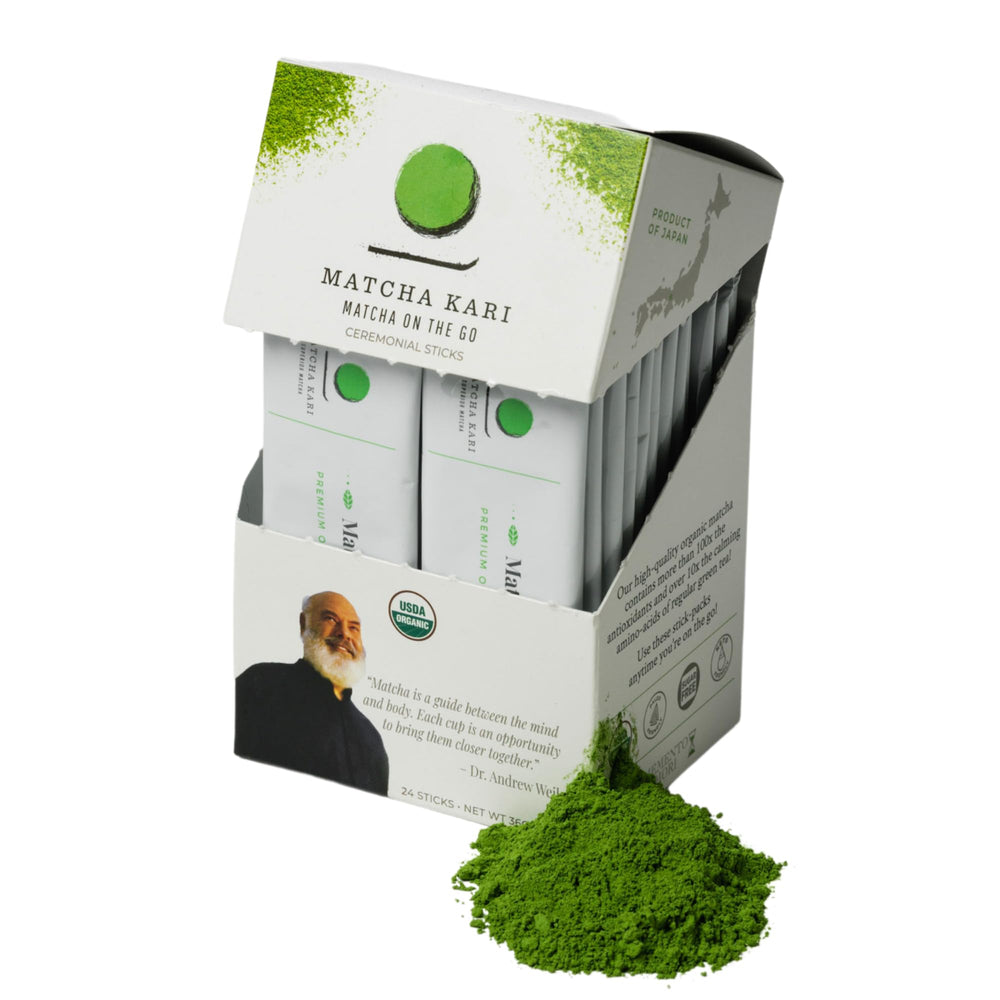 Matcha Kari empaque frontal con 24 sobres, presentación práctica y orgánica