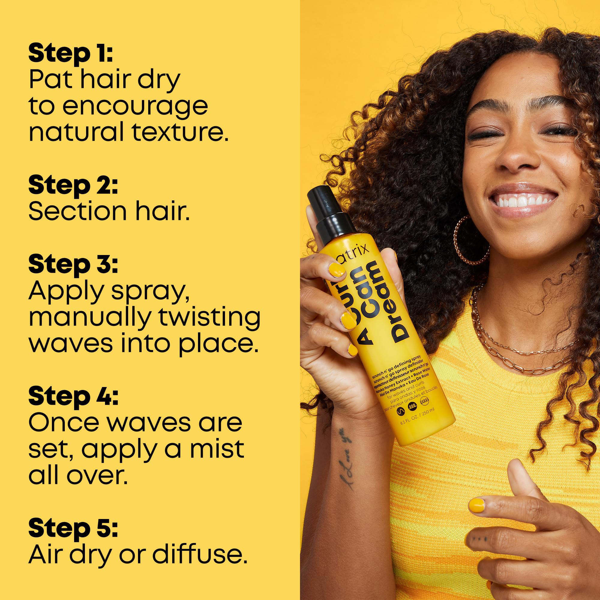 MATRIX rizos definidos tras uso, brillo y control del frizz como beneficio visible