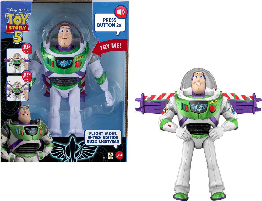 Mattel Buzz Lightyear vista frontal con caja, mostrando diseño y tamaño