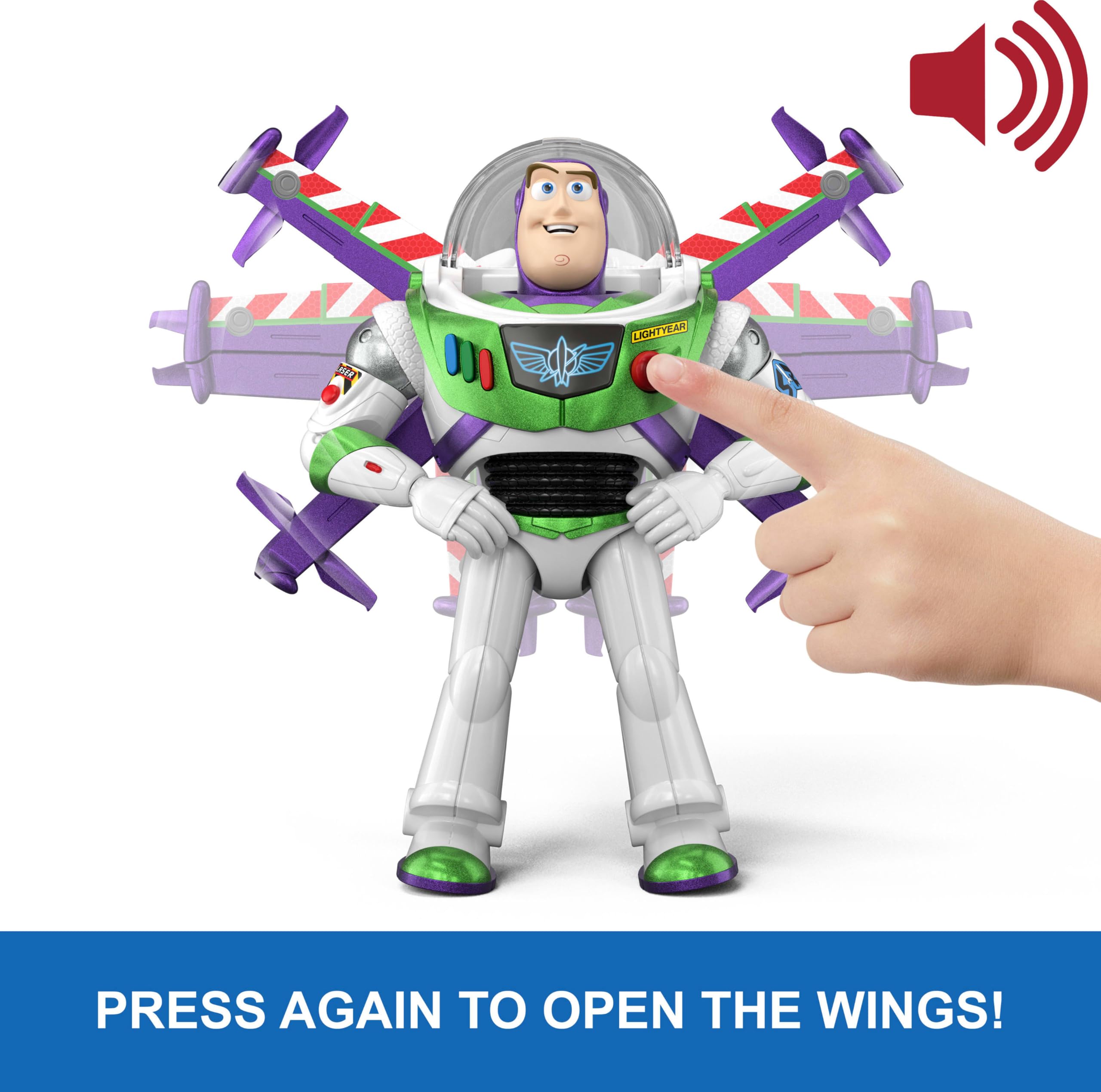 Mattel Buzz pulsando botón rojo, activa sonidos y despliegue de alas