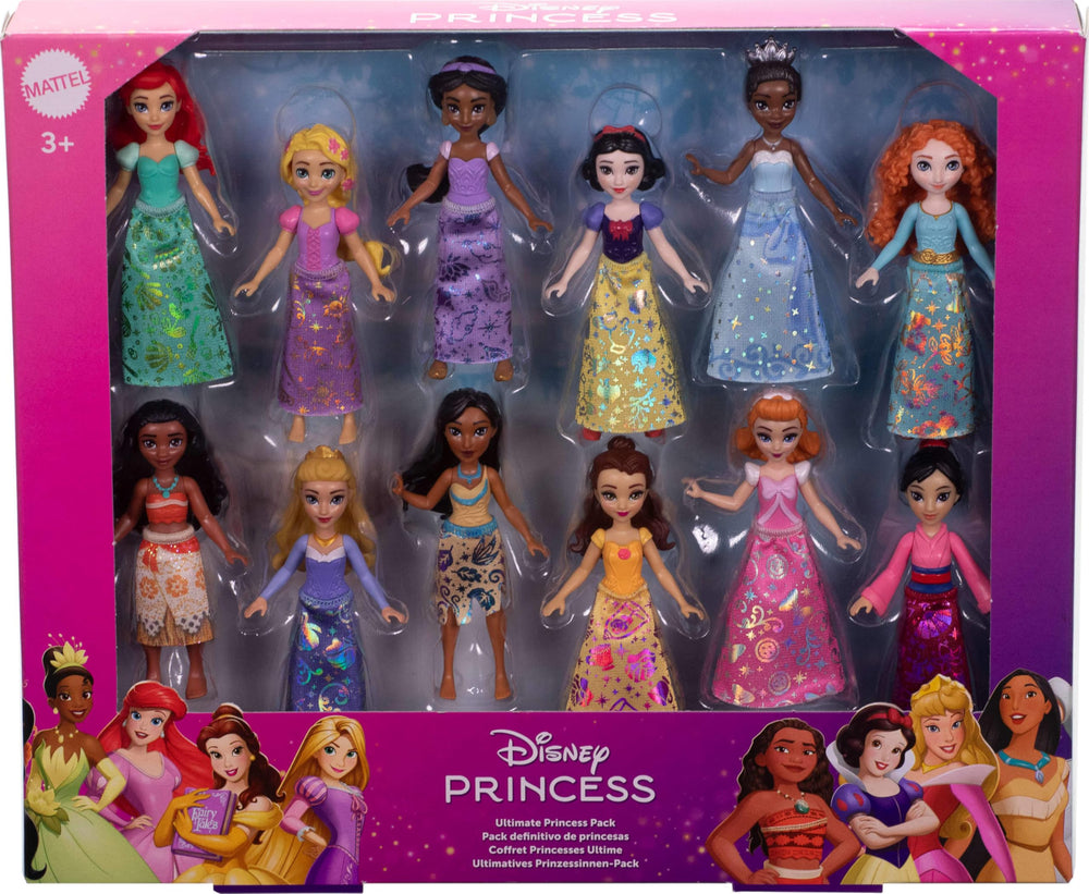 Mattel exposición en mesa familiar mostrando múltiples princesas listas para jugar