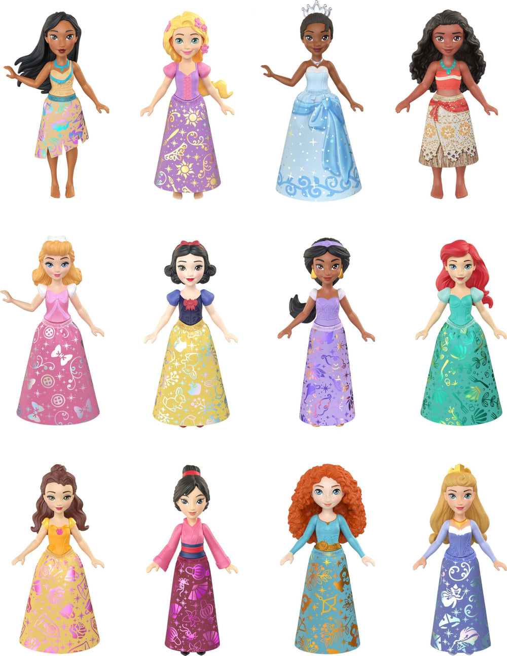 Mattel pack frontal con las 12 muñecas Princess mostrando variedad de personajes y colores