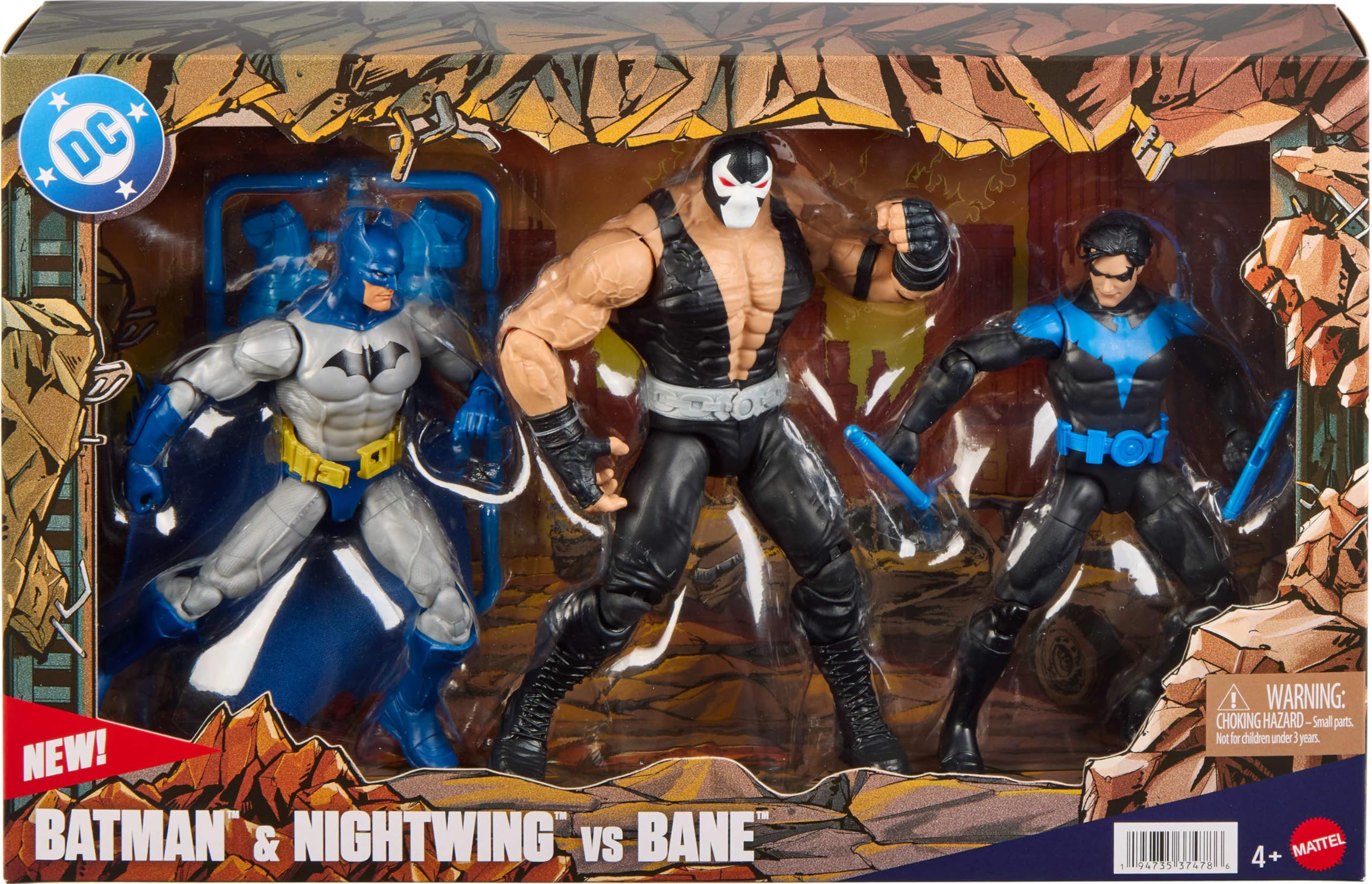 Mattel trio en escena estilo Gotham para juego y exhibición con iluminación dramática