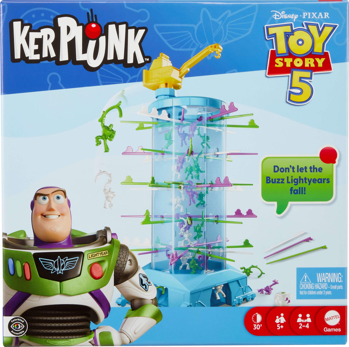 Mattel Games KerPlunk vista frontal con figuras Buzz y torre, diversión familiar