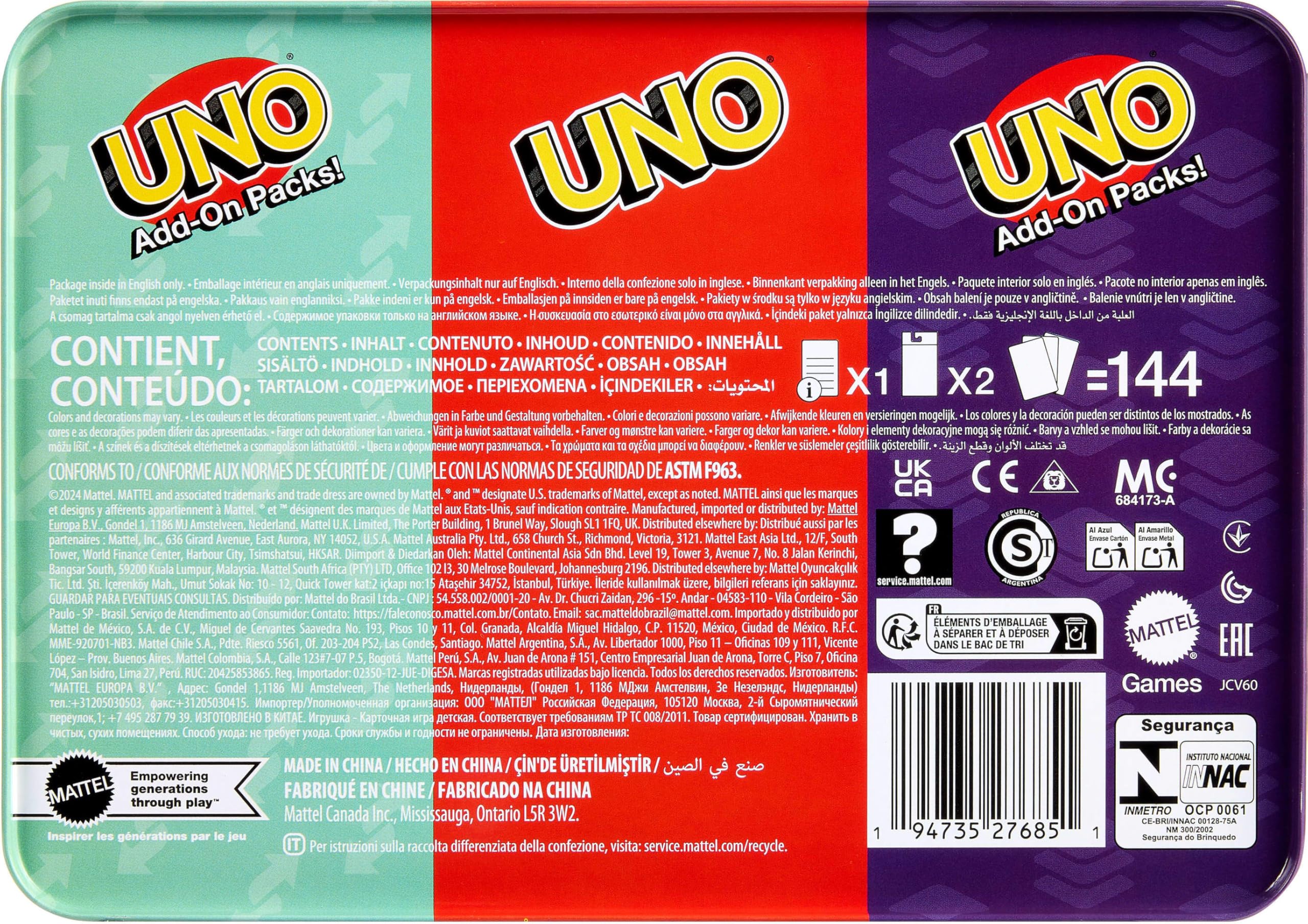 Mattel Games lata abierta con mazo y packs, transporte ordenado