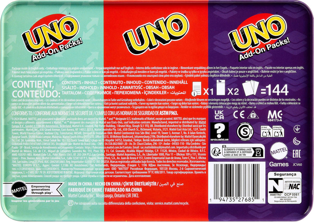Mattel Games lata abierta con mazo y packs, transporte ordenado