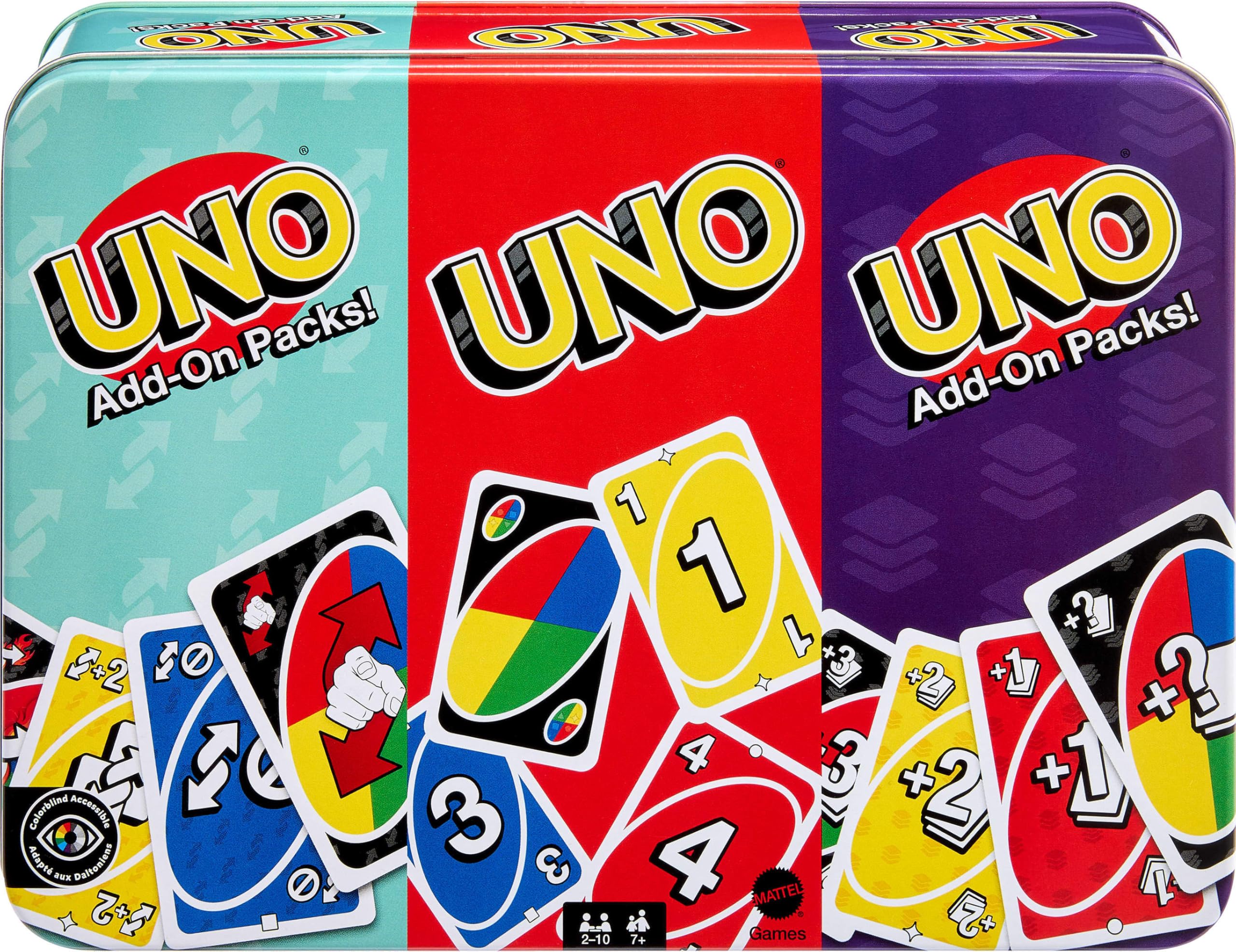 Mattel Games lata frontal del set UNO con protección y almacenamiento