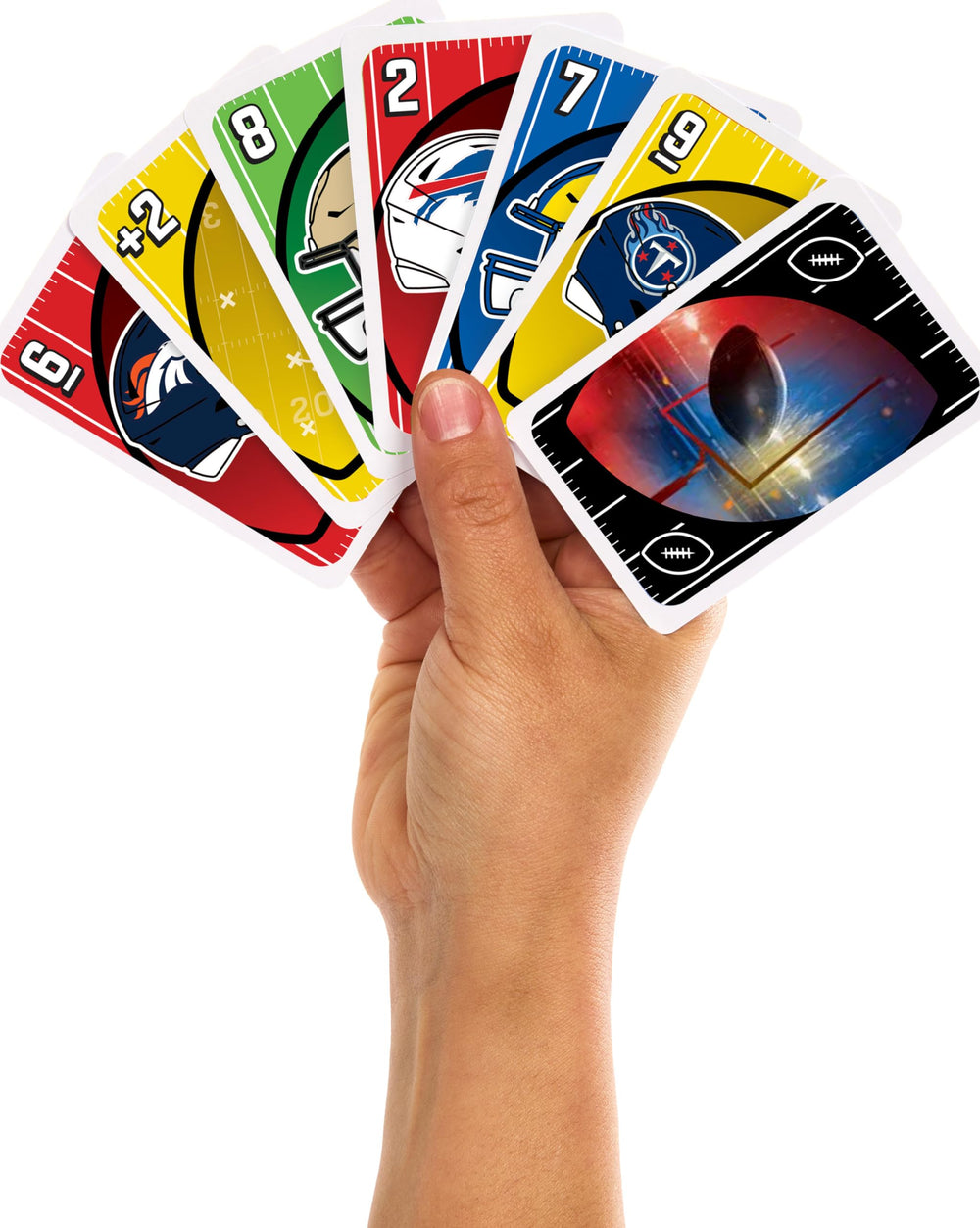 Mattel Games mazo UNO NFL con cartas desplegadas mostrando equipos