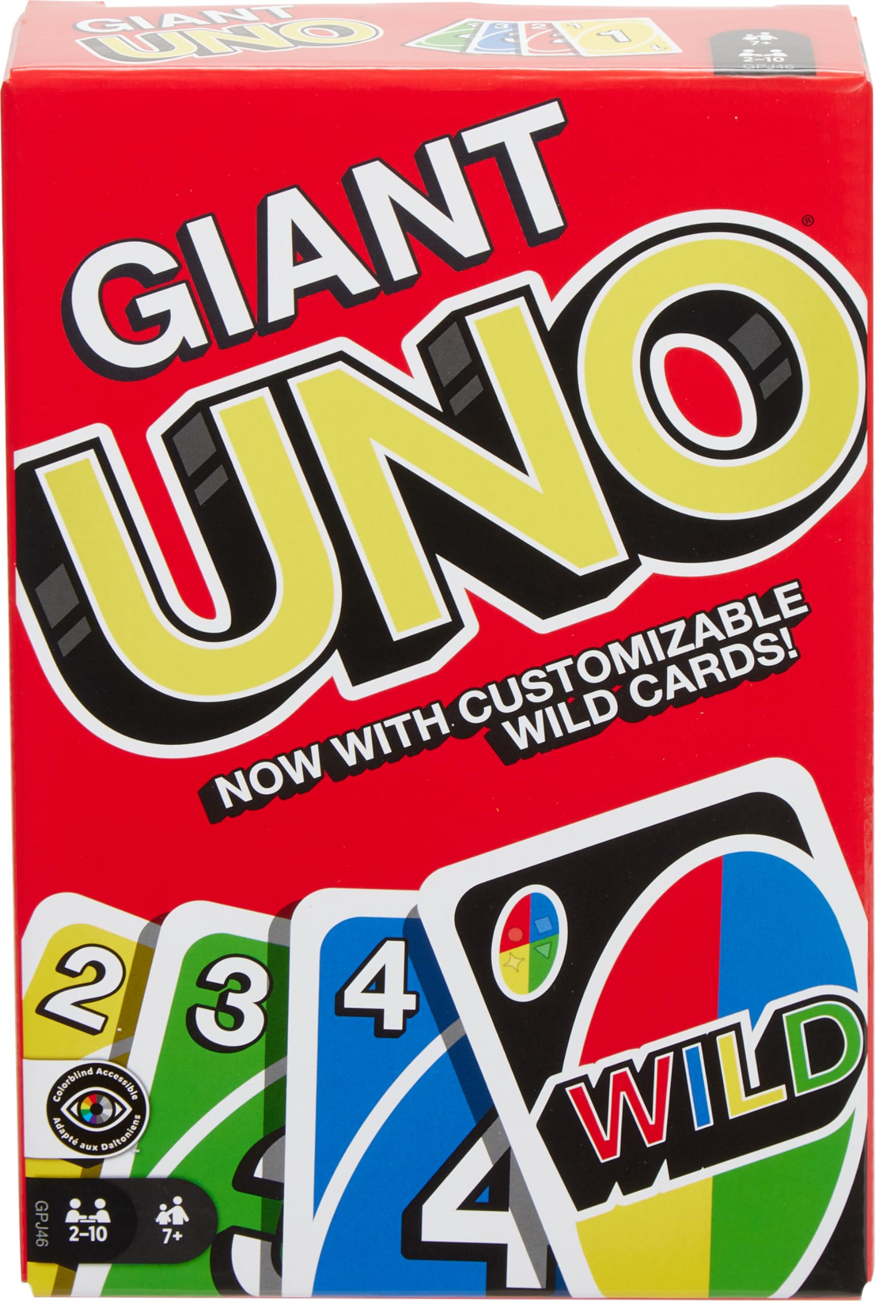 Mattel Games paquete frontal de Giant UNO mostrando cartas grandes y coloridas