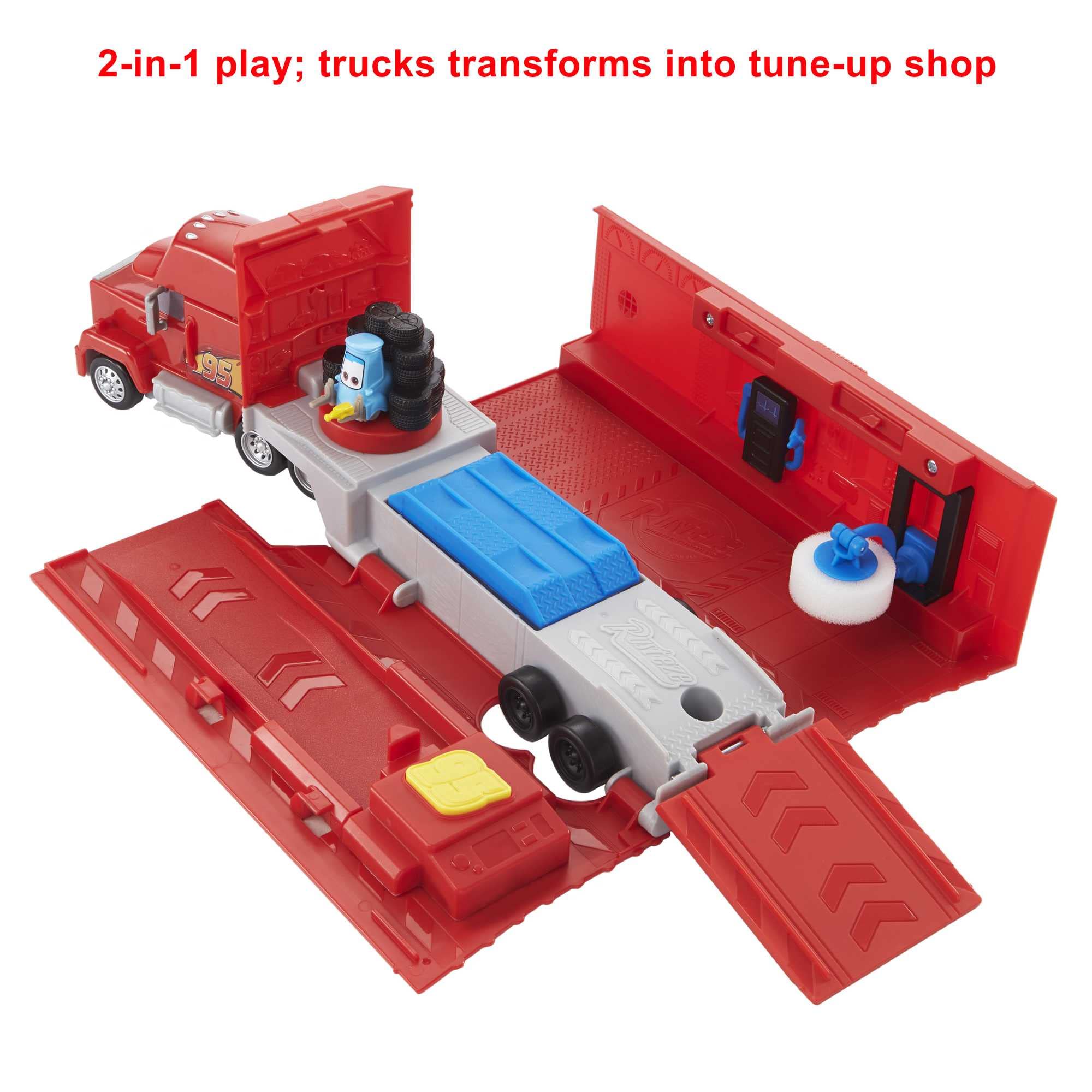 Mattel Mack folded hauler side view showing compact transport and push-around mobility