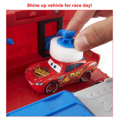 Mattel Mack trailer unfolded into tune-up center demonstrating play features and accessibility