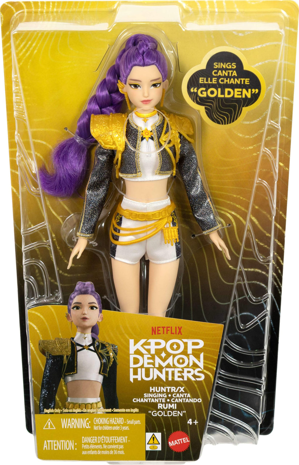 Mattel Rumi comparada en escala con base para exhibición segura