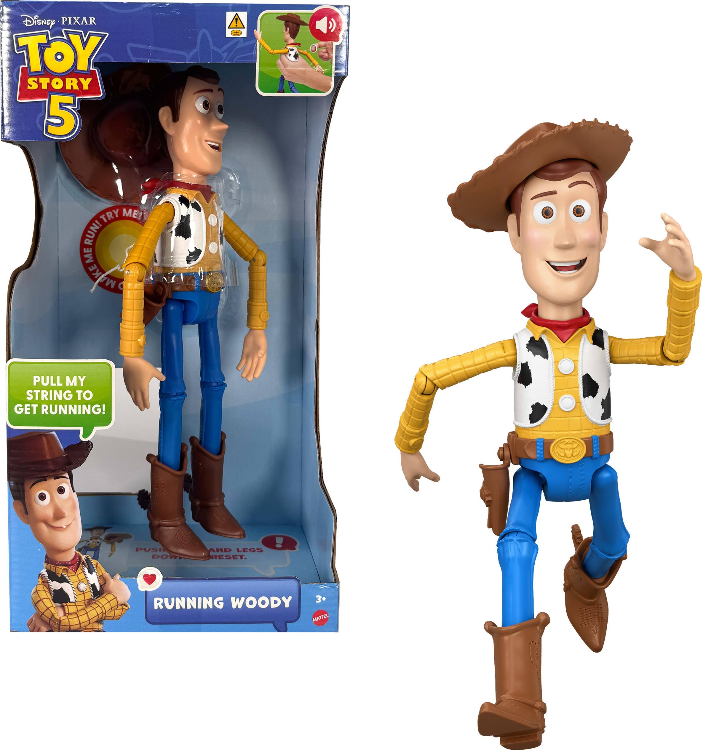 Mattel Woody empaque frontal mostrando figura y caja auténtica