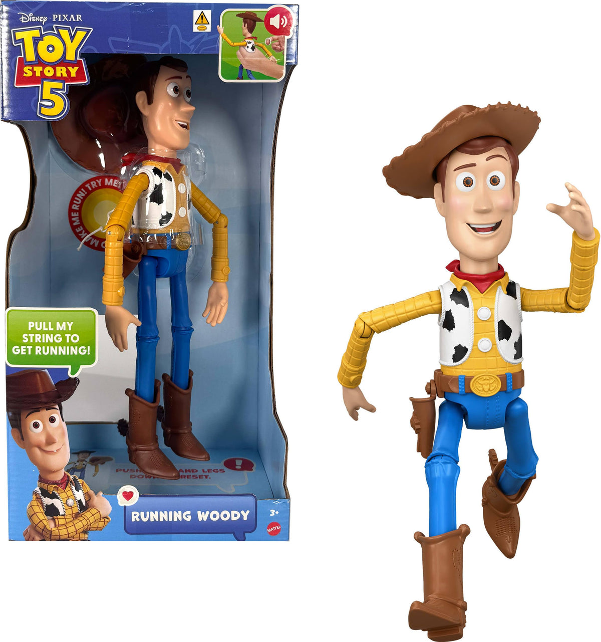 Mattel Woody empaque frontal mostrando figura y caja auténtica