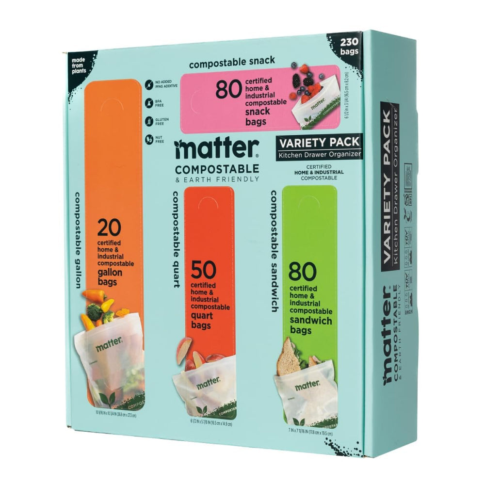 Matter paquete frontal con los cuatro tamaños y beneficios de sostenibilidad