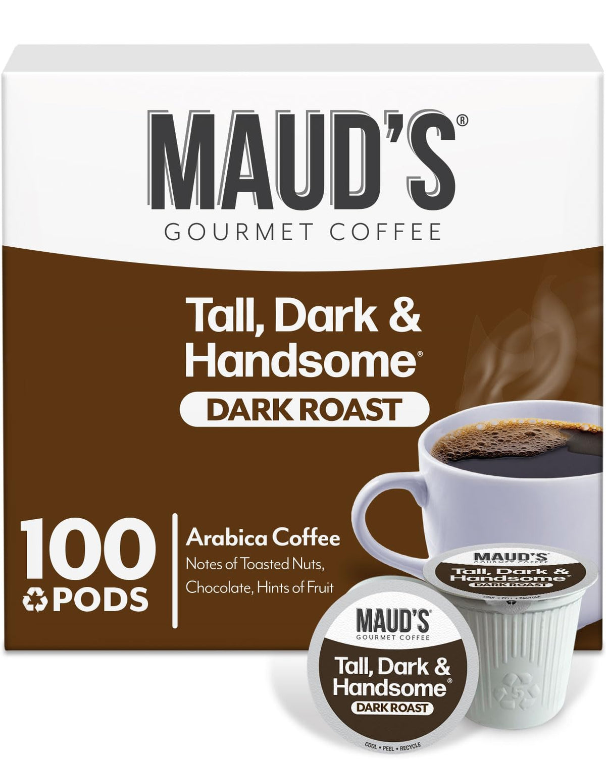 Maud's caja frontal de 100 cápsulas mostrando el diseño y conveniencia
