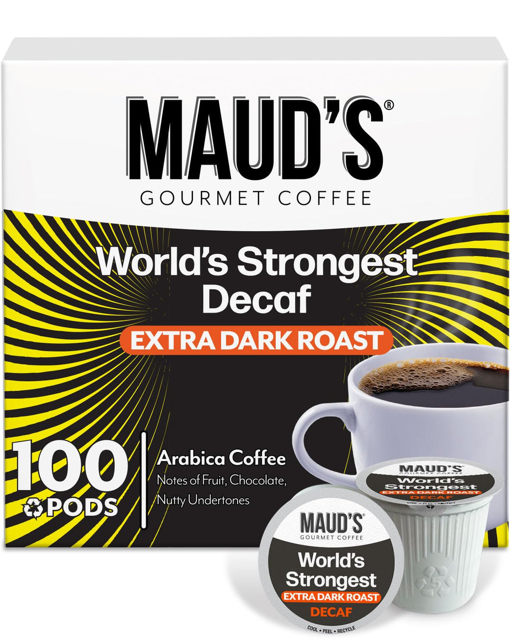 MAUD'S caja frontal mostrando 100 cápsulas y calidad robusta