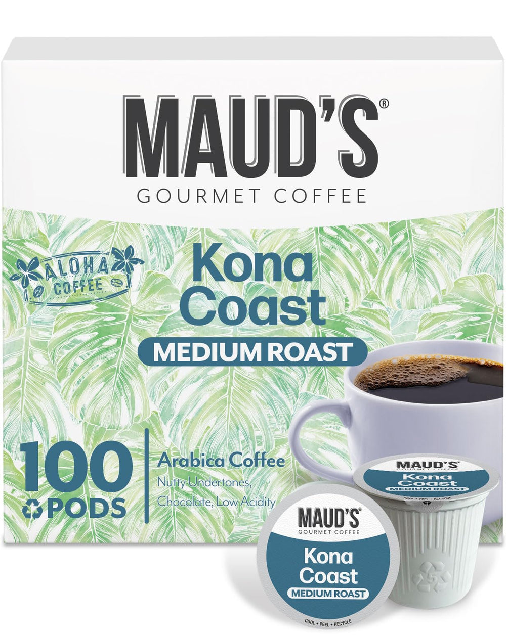 Maud's vista frontal de la caja con 100 cápsulas, conveniencia y sabor