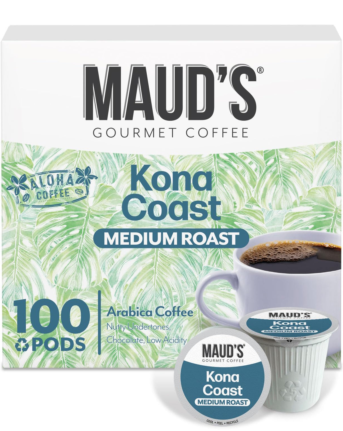 Maud's vista frontal de la caja con 100 cápsulas, conveniencia y sabor