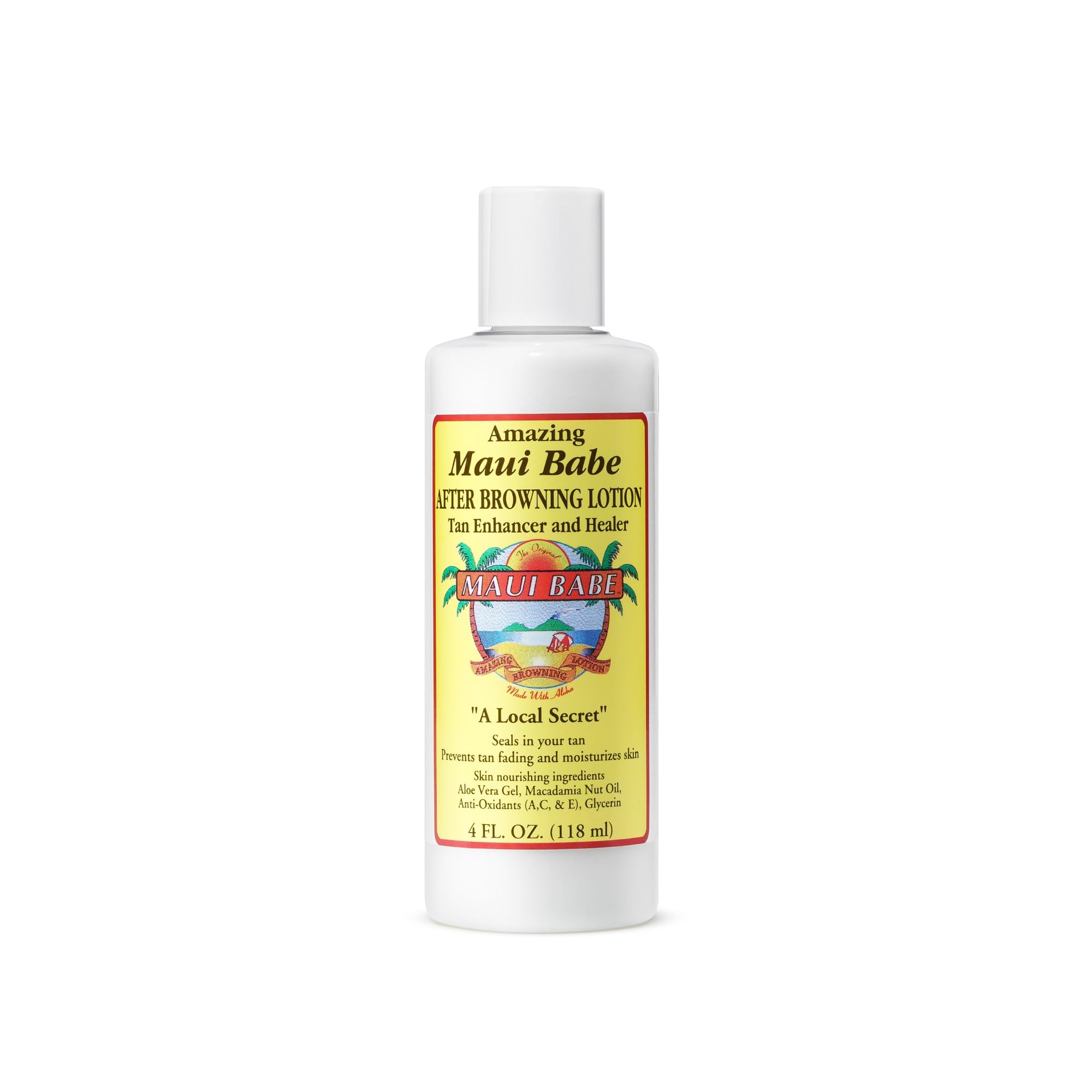 Maui Babe frontal de la botella mostrando envase fácil de abrir y 118 ml