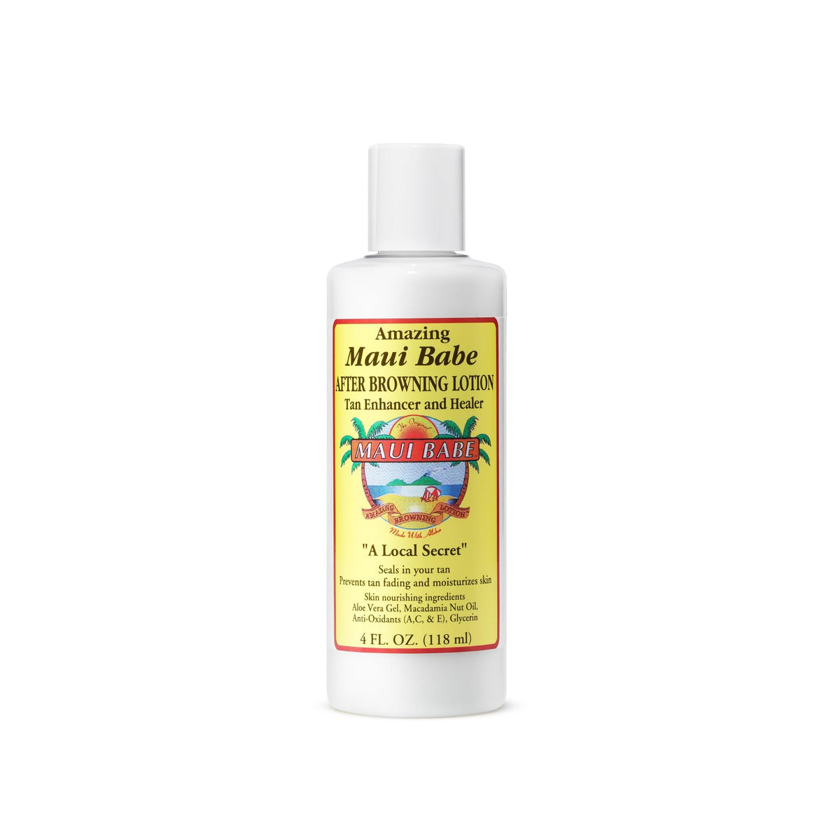 Maui Babe frontal de la botella mostrando envase fácil de abrir y 118 ml