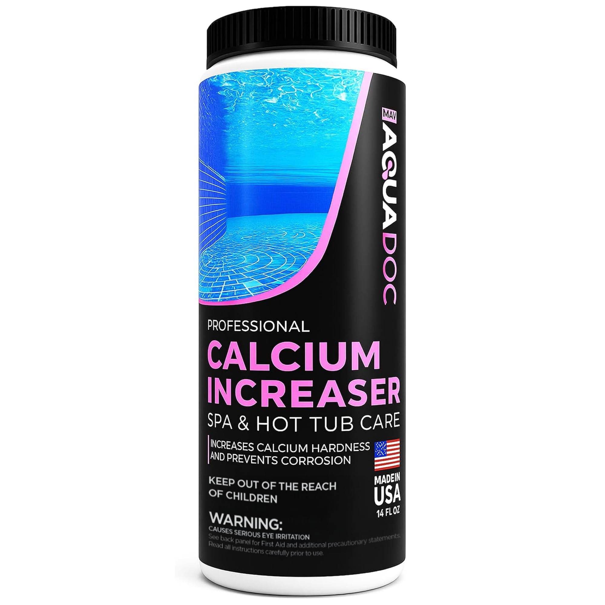 MAV AquaDoc envase frontal de 14 oz mostrando tamaño compacto y facilidad de almacenamiento