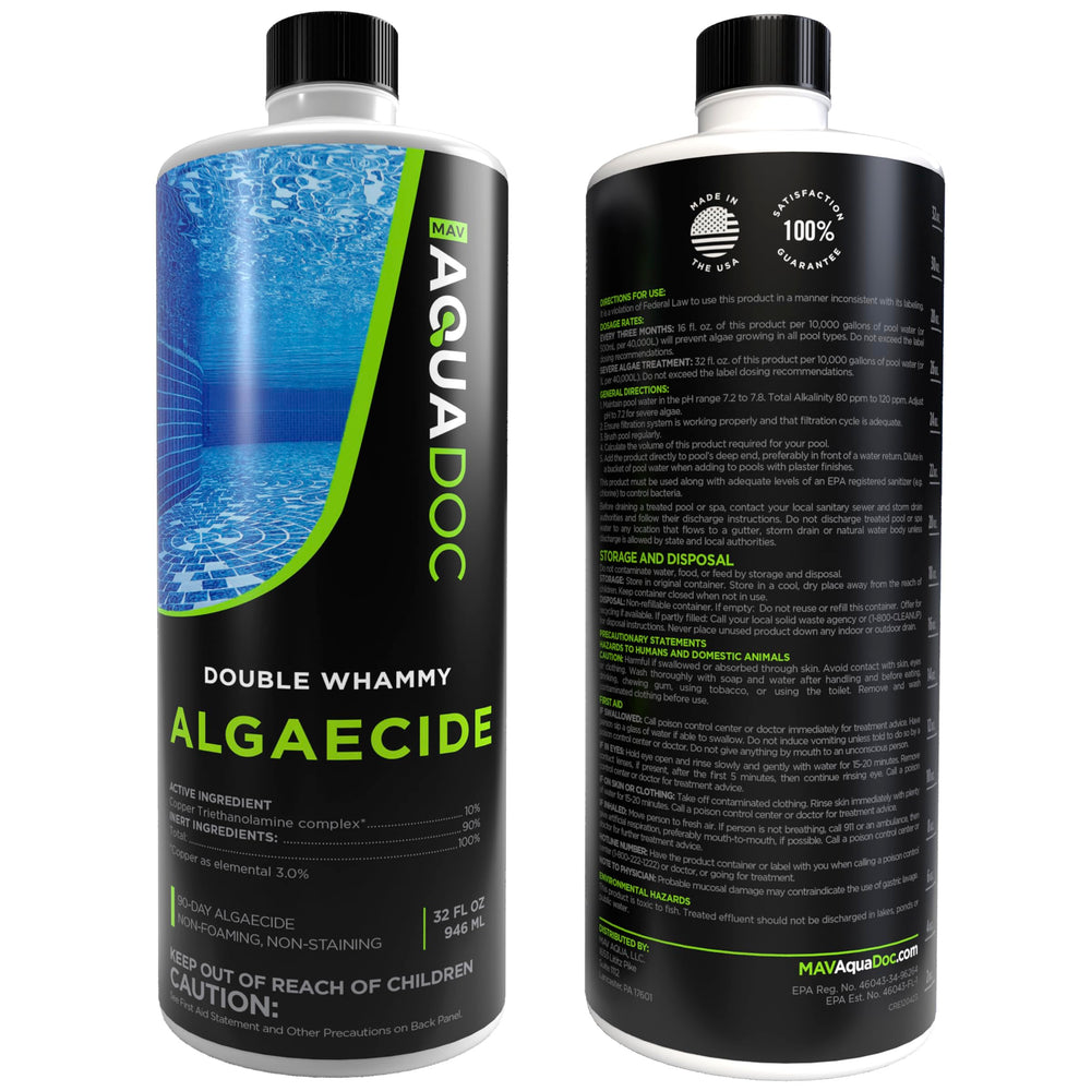 MAV AquaDoc envase junto a piscina sobre tierra indicando compatibilidad