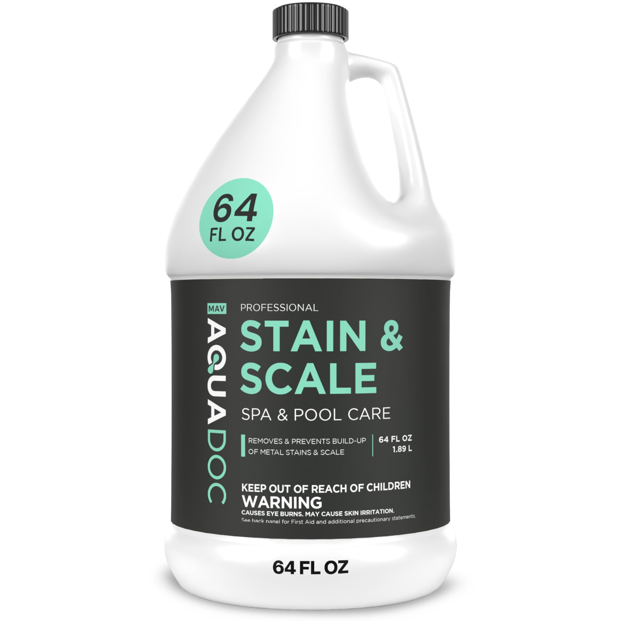 MAV AquaDoc botella frontal 64oz mostrando etiqueta y volumen beneficios claros