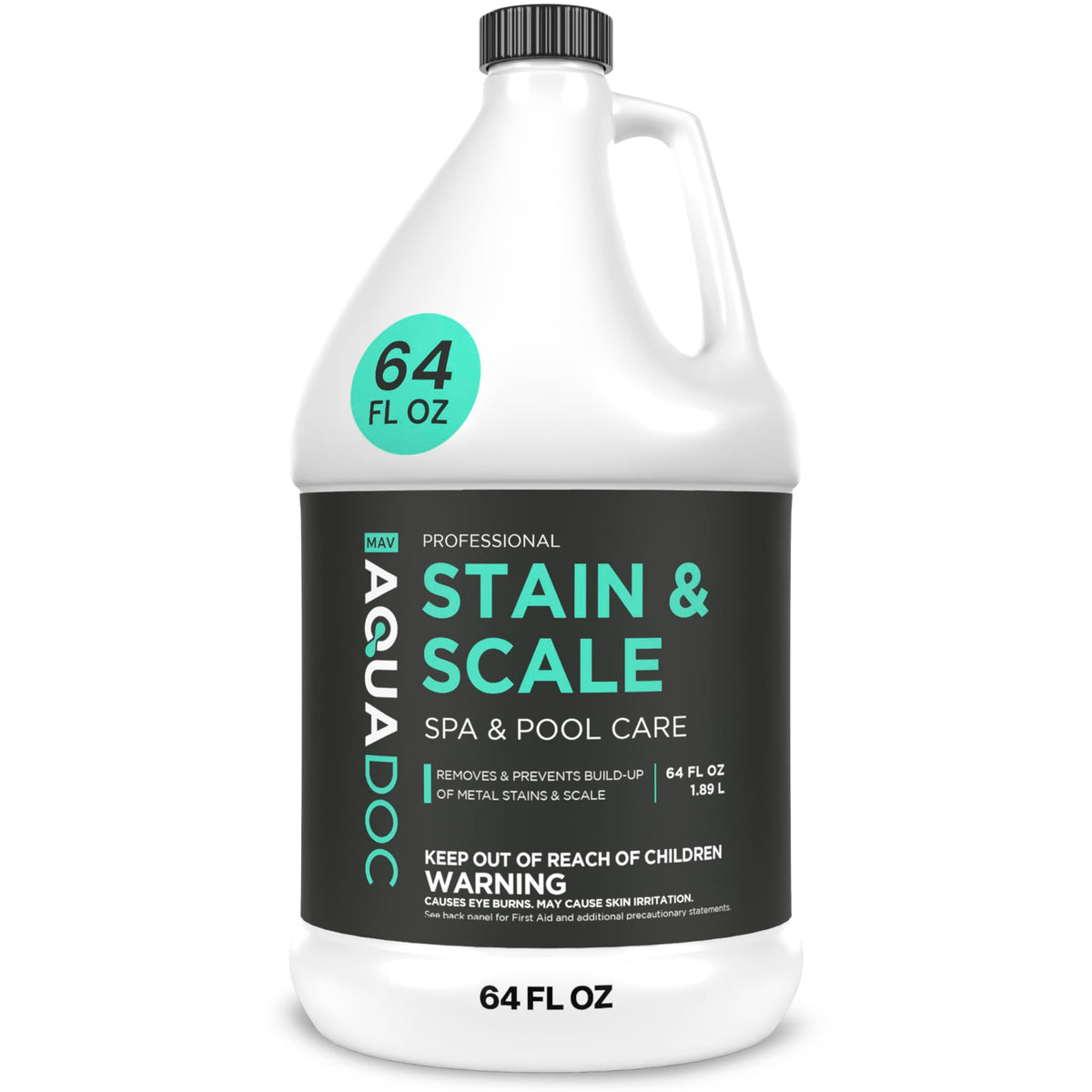 MAV AquaDoc botella frontal 64oz mostrando etiqueta y volumen beneficios claros