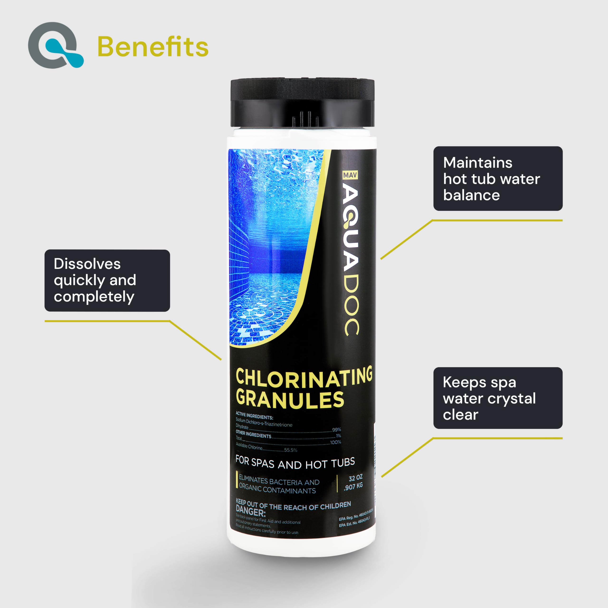 Measuring spoon with MAV AquaDoc granules illustrating accurate dosing and easy application