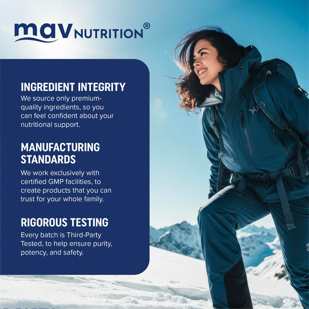 MAV NUTRITION frasco abierto y cápsulas para visualizar cantidad en el envase