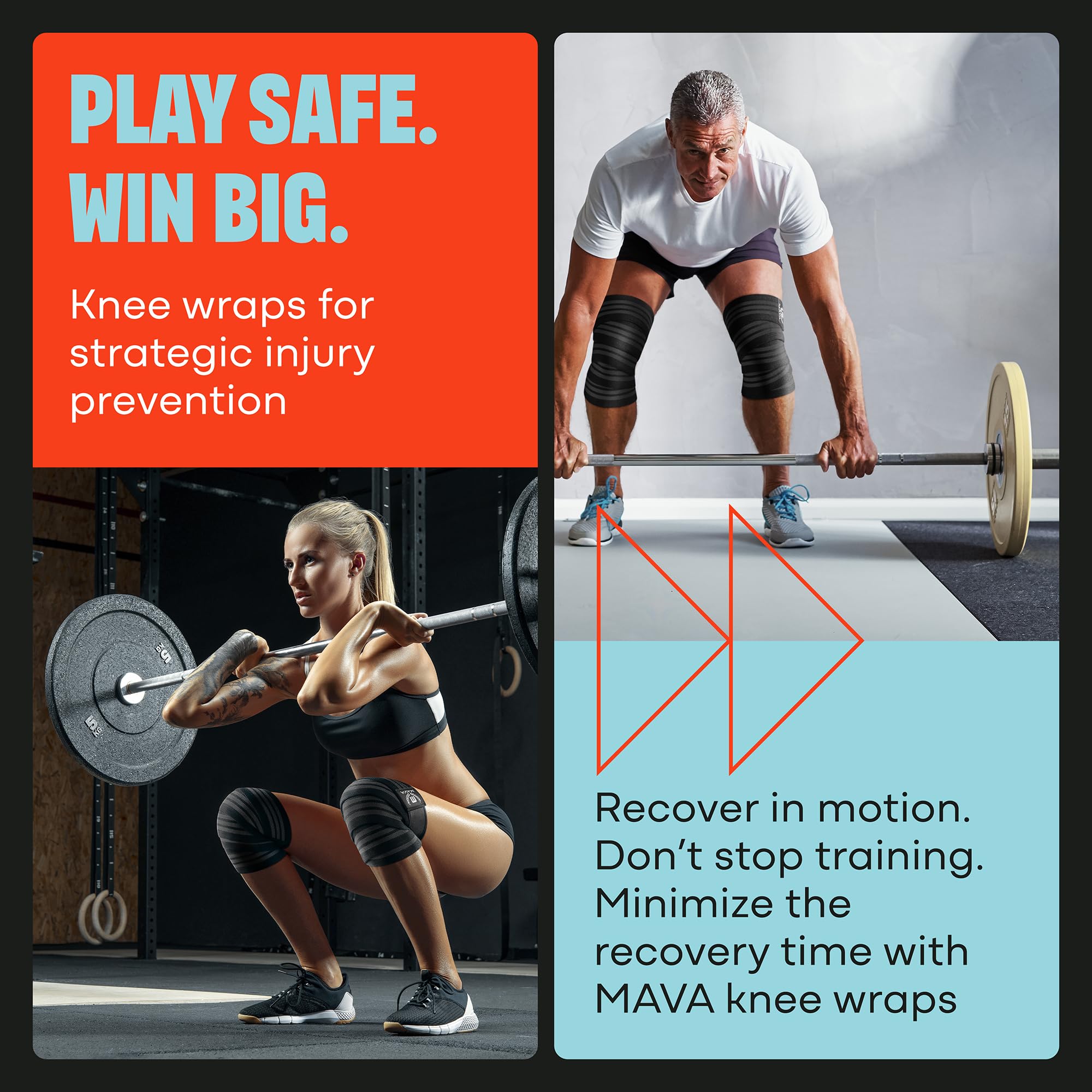 Mava Sports wrapped knees during squat demonstrating stable support