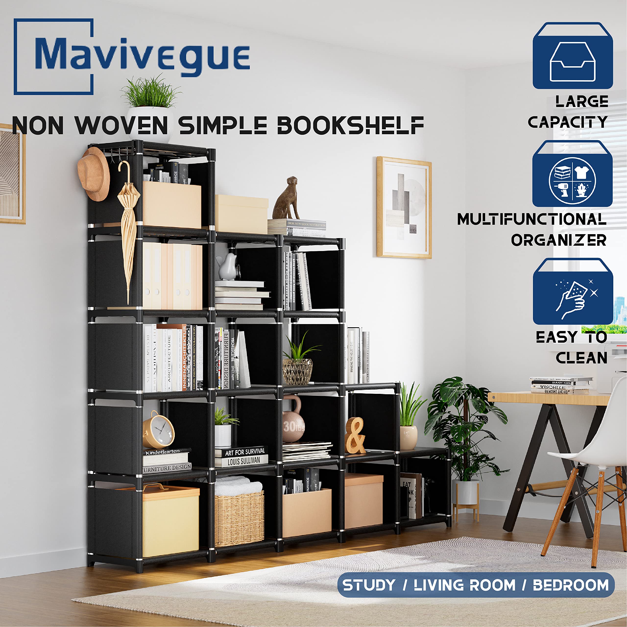 Mavivegue estantería en dormitorio con ropa y cajas ordenadas