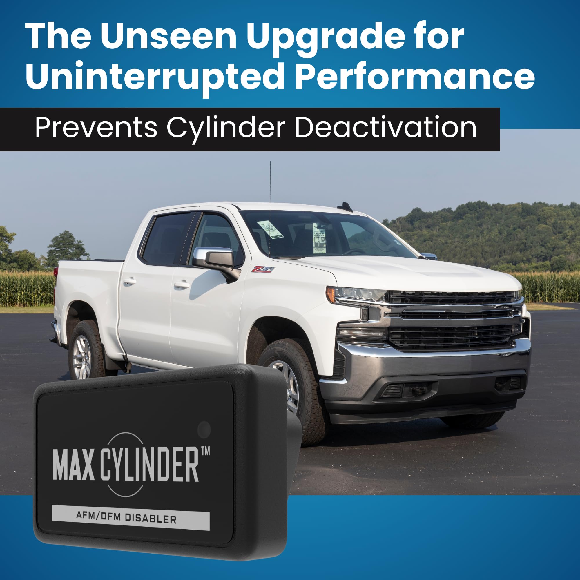 Max Cylinder módulo junto a una Silverado ilustrando uso en vehículo