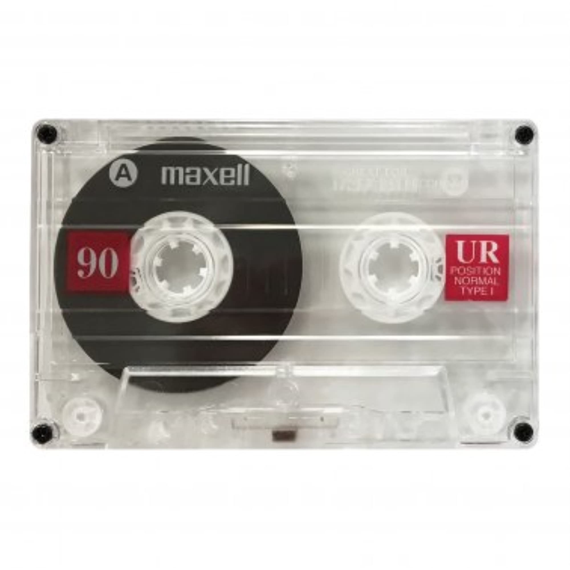 Maxell UR 90 frontal del cassette en su estuche, protección y uso portátil
