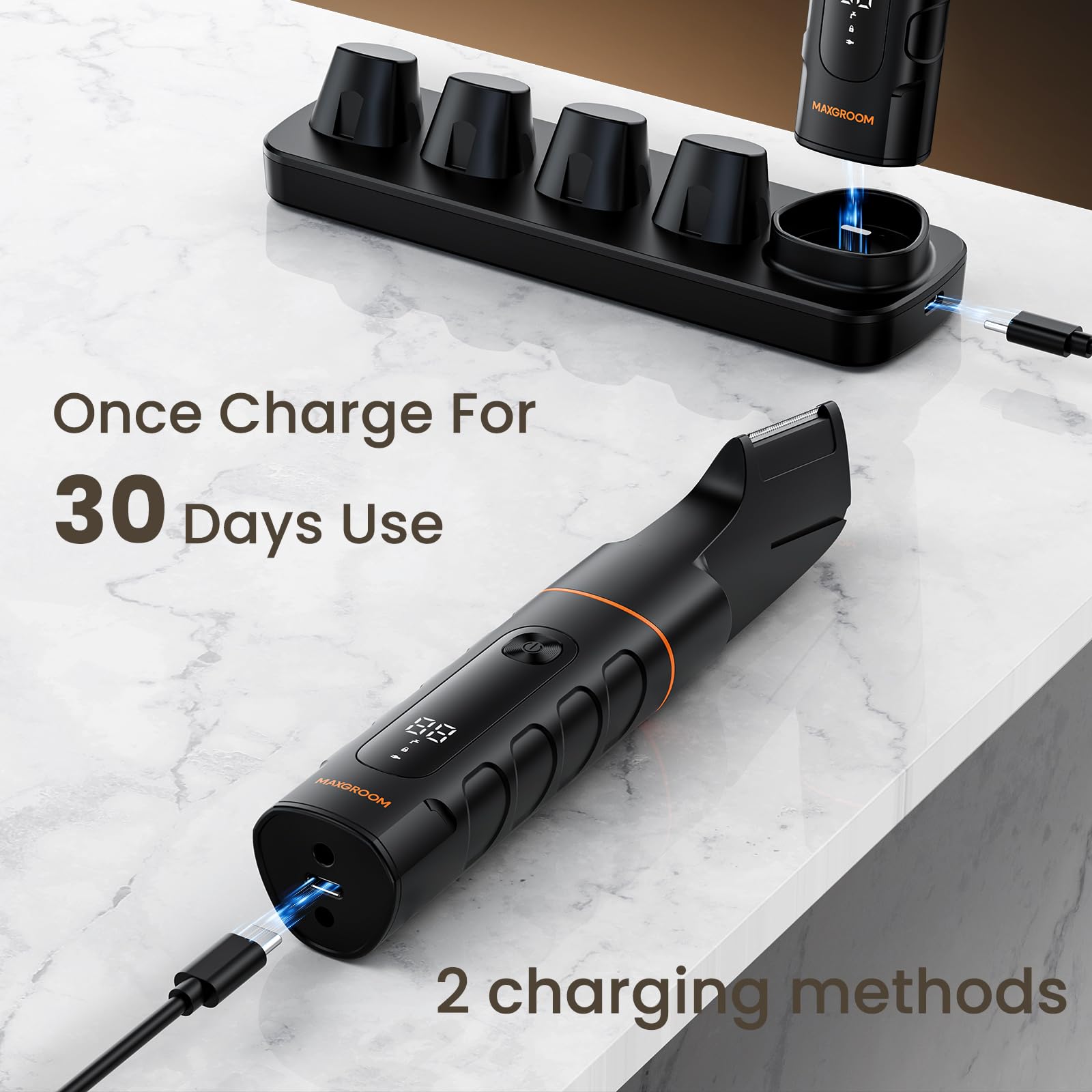 MAXGROOM mango ergonómico mostrando agarre seguro y maniobrabilidad en zonas curvas