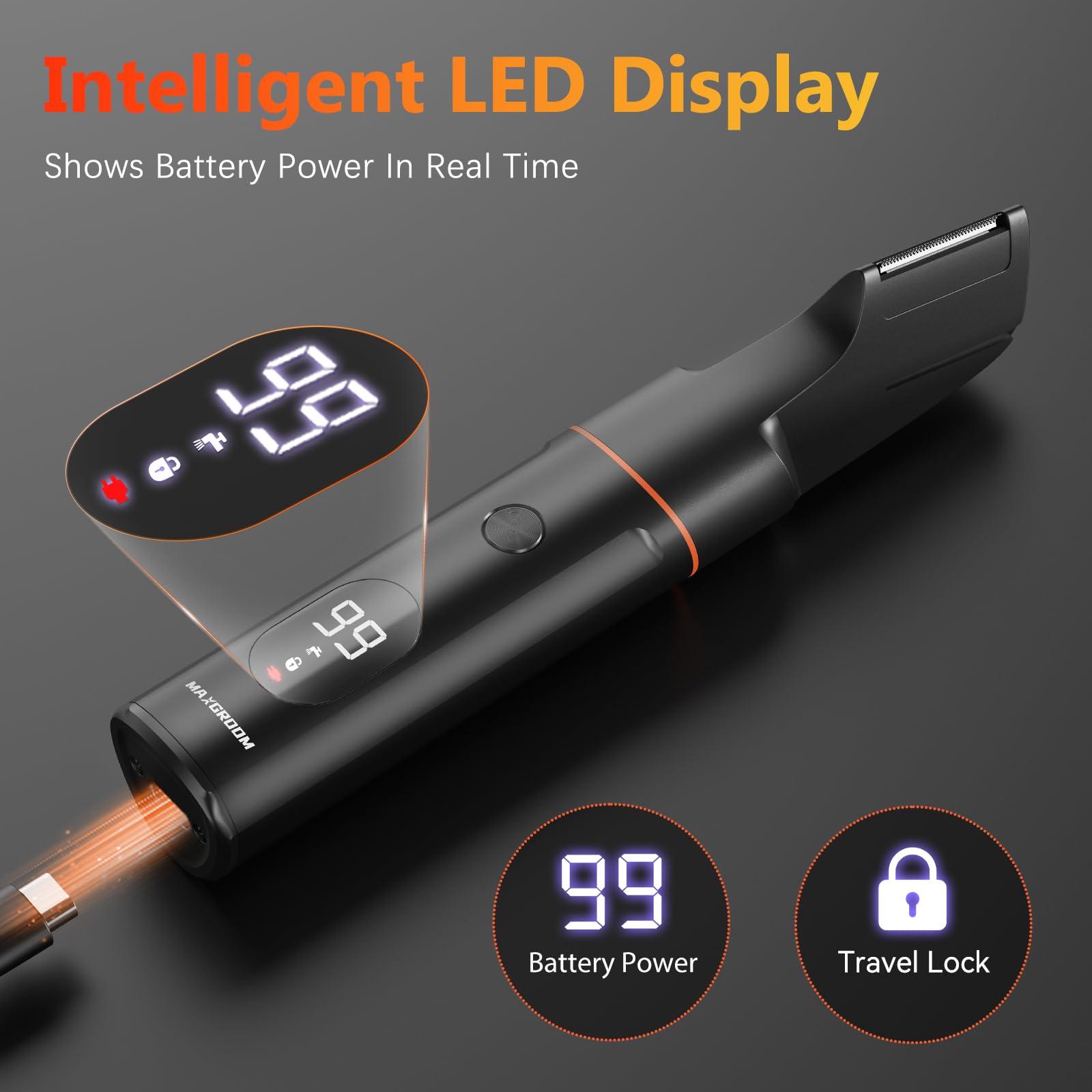 MAXGROOM pantalla LED mostrando batería, evita quedarse sin carga