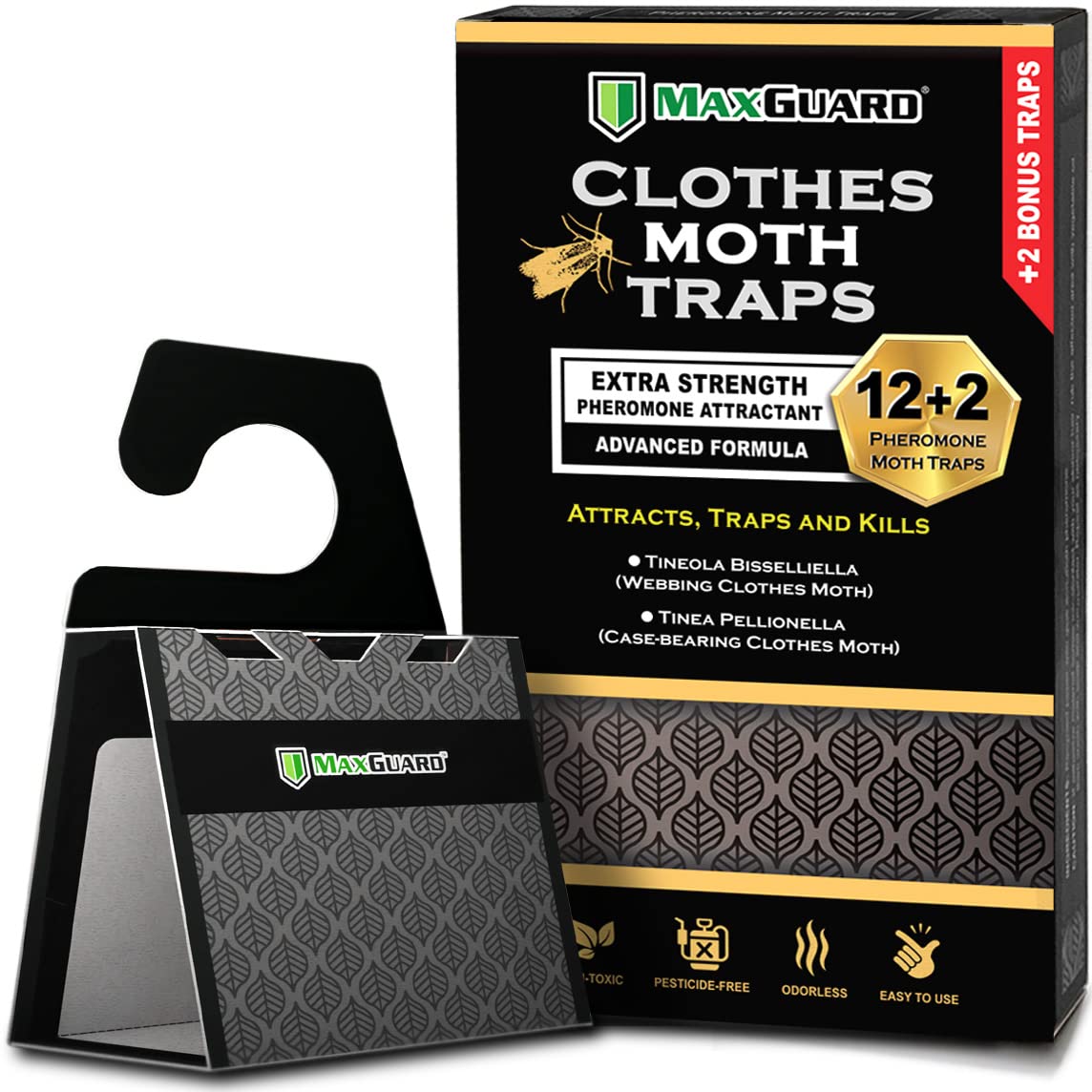 MaxGuard front packaging showing 14 pheromone clothes moth traps protecting garments