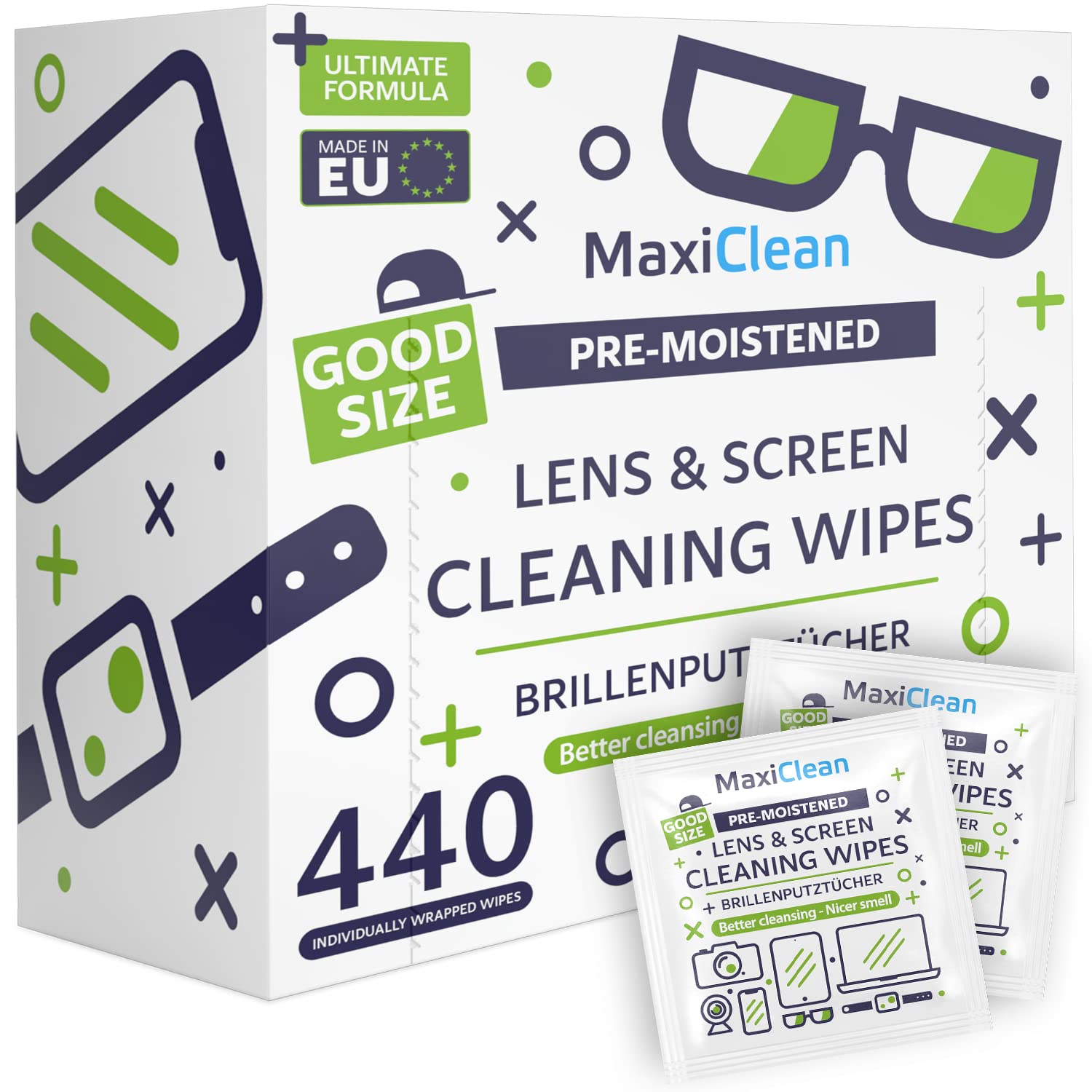 Maxi Clean paquete frontal mostrando cantidad y diseño, limpieza conveniente